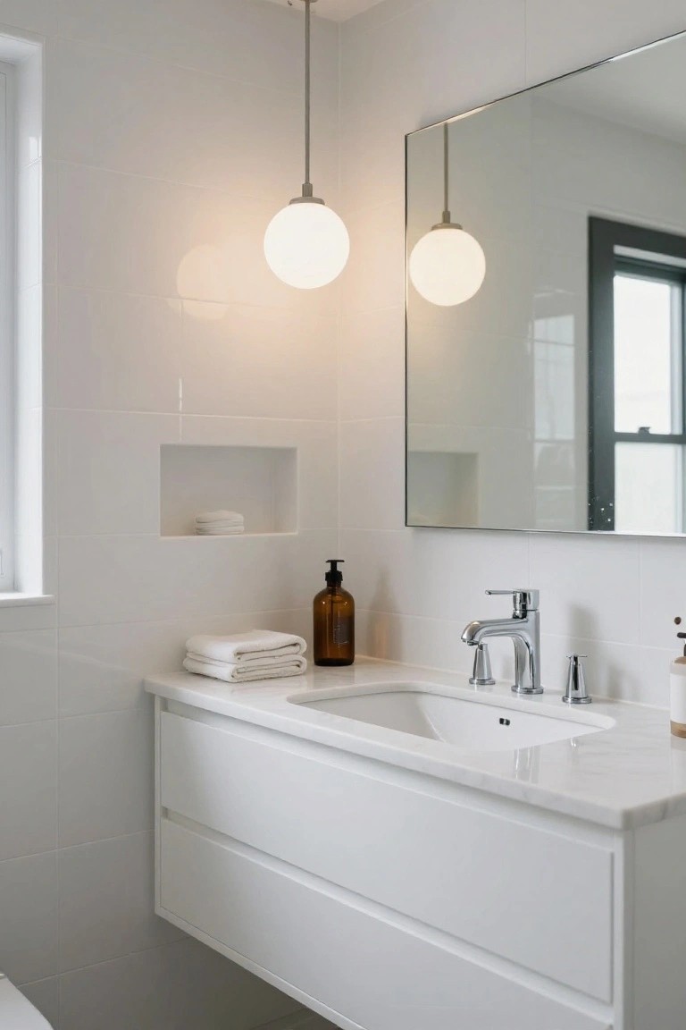 White bathroom interior with two hanging white globe pendant lights above a floating white vanity, undermount sink, chrome faucet, large wall mirror, tiled walls, wall niche shelf, and amber soap dispenser.