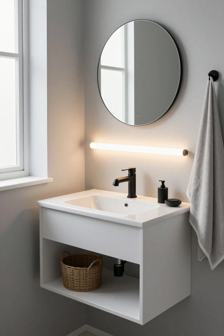 Modern bathroom corner with floating white vanity and sink, black faucet, black-framed round mirror, horizontal white tubular light bar above the mirror, gray towel on black hook, black soap dispenser, small black jar and stone dish on counter, wicker basket in open cabinet shelf below, light gray walls, and window.