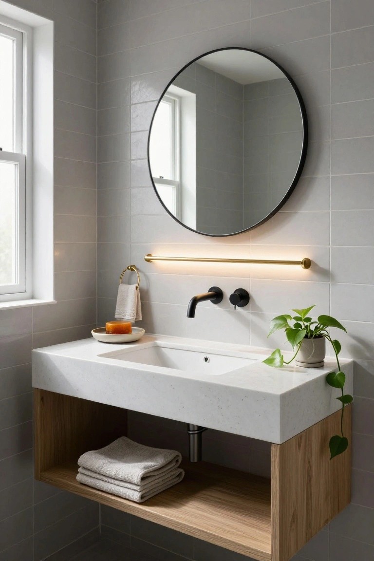 Bathroom with gray subway tile walls, round black mirror, gold-ended horizontal LED light bar and towel ring above black matte faucet on white floating quartz vanity with oak shelf below, small plant, and folded towels.