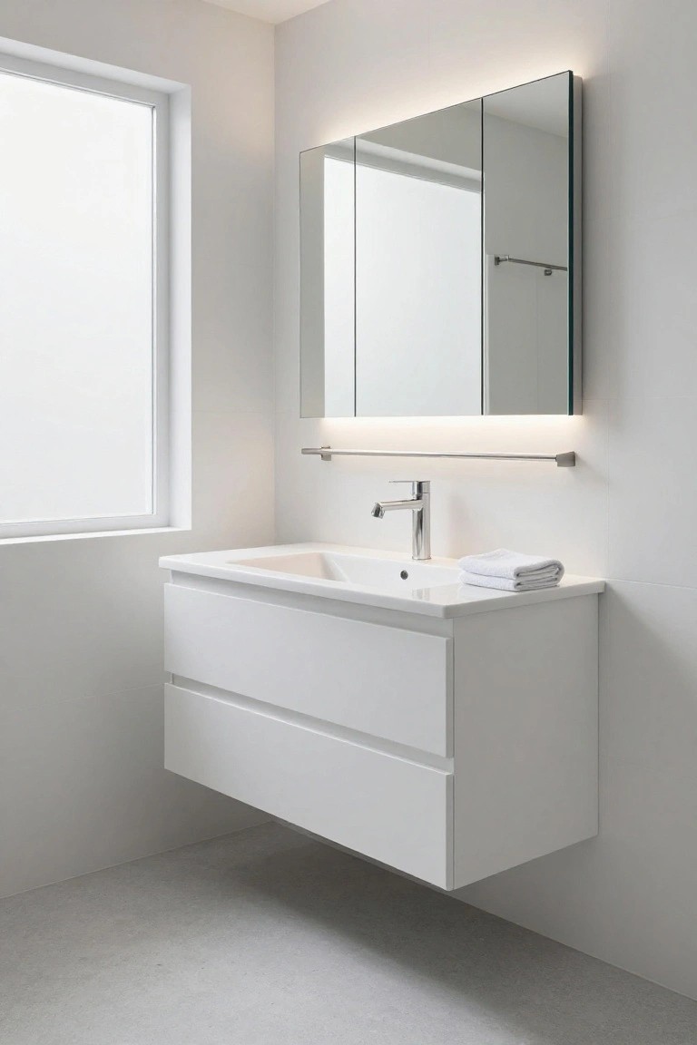 White wall-mounted bathroom vanity with two drawers below a rectangular sink and chrome faucet, a tall triple-panel mirror cabinet with integrated LED light strip along the top edge, a towel on the sink edge, and a frosted glass window beside it on a light gray tiled floor.