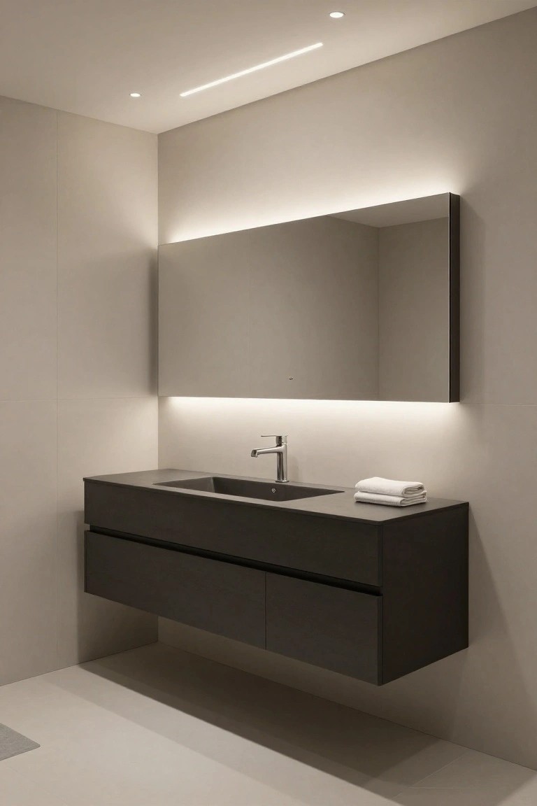 Modern floating dark wood vanity with integrated sink and backlit mirror.