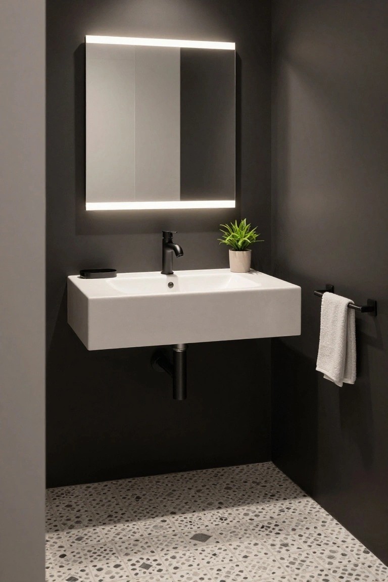 Corner bathroom with dark walls, floating white rectangular sink, black faucet, black soap dish, potted green plant, white towel on black bar, backlit rectangular mirror, and light gray pebble floor tiles.