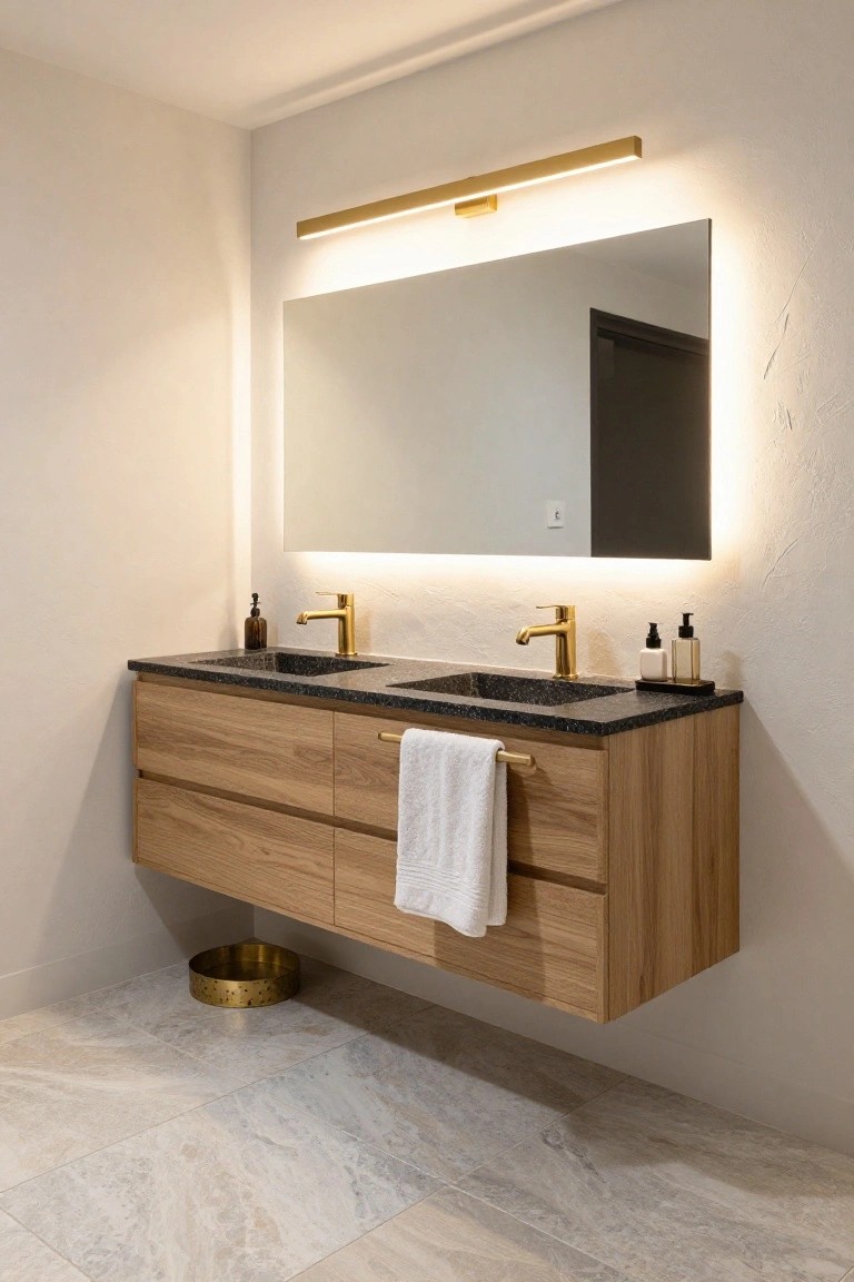 Bathroom with floating double oak vanity topped in black granite sinks, gold faucets, large rectangular backlit mirror with slim gold linear LED light bar mounted above, white walls, gold towel and basket on floor, light gray veined tile flooring.