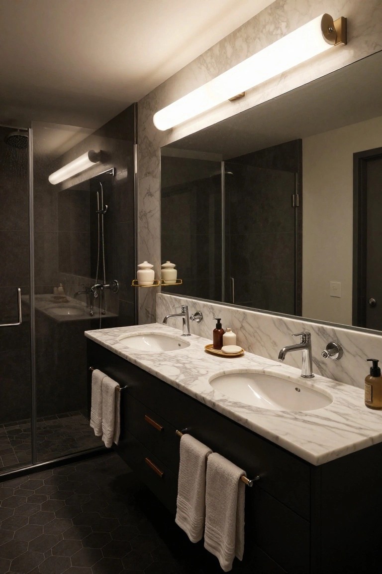Modern bathroom interior with double white sinks on a marble vanity countertop, dark wood cabinets, linear white wall-mounted light fixtures above a large mirror, glass-enclosed shower, and dark hexagonal floor tiles.
