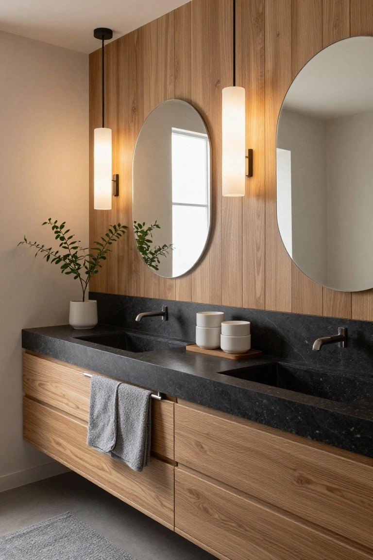 Bathroom vanity with floating oak wood cabinets, black stone countertop and integrated sinks, two large oval mirrors on wood-paneled wall, white cylindrical pendant lights hanging above, potted plant, and stacked white cups.