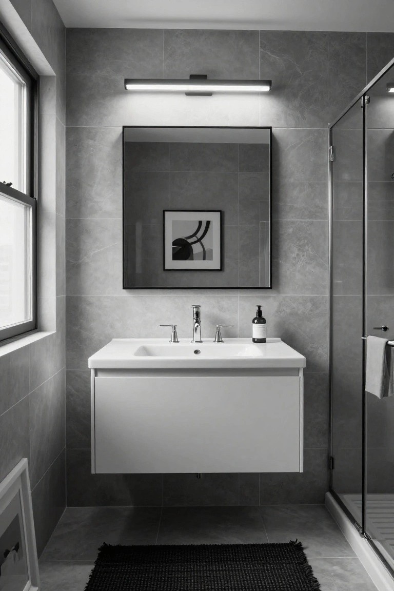 Grayscale photo of a modern bathroom with gray tiled walls, floating white vanity and sink, rectangular black-framed mirror, slim horizontal LED light bar above the mirror, soap dispenser, towel rack, and glass shower enclosure.