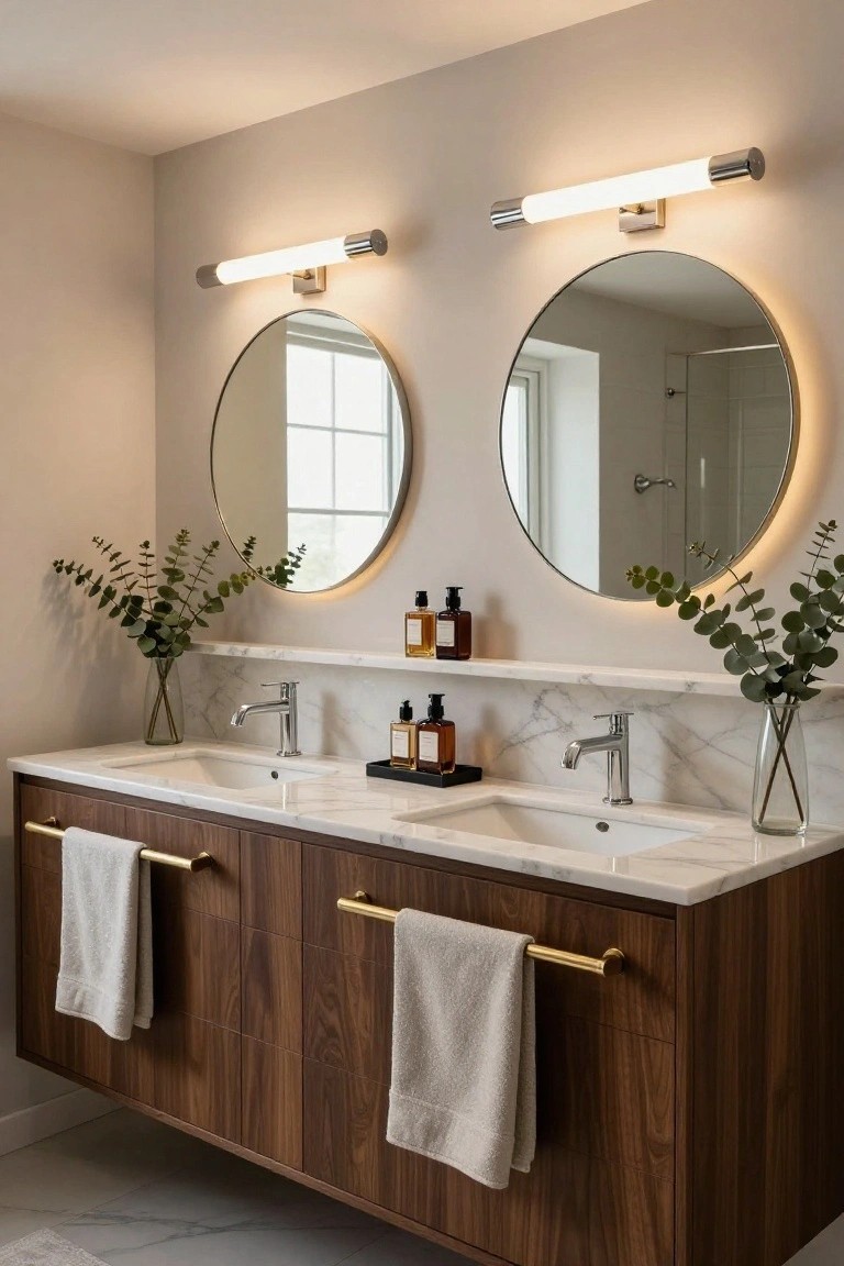 Modern bathroom double vanity with walnut wood cabinetry, white marble countertop, two undermount sinks, two round backlit mirrors, paired slim white tube wall sconces, gold towel bars, and eucalyptus branches in vases.