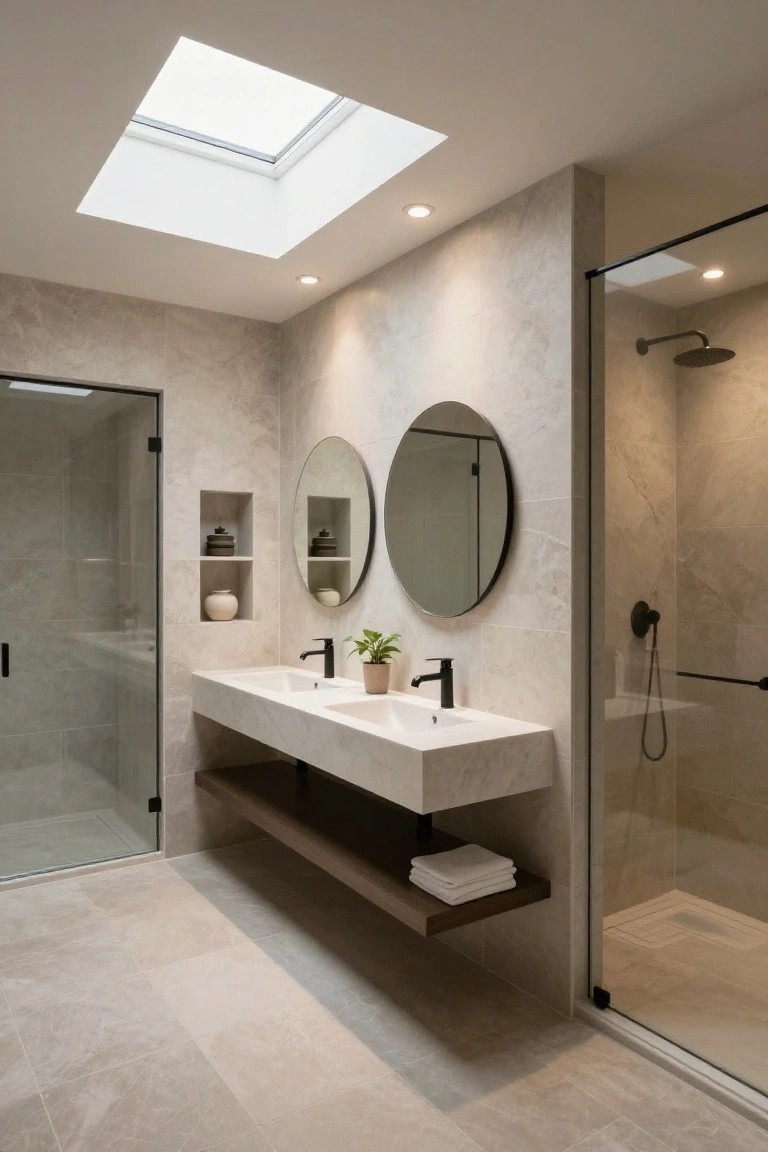 Modern bathroom with light beige marble-look tiles and floors, a square skylight in the ceiling, double white marble vanity with black faucets, two round black-framed mirrors, niche shelf with plants, and glass shower enclosure.