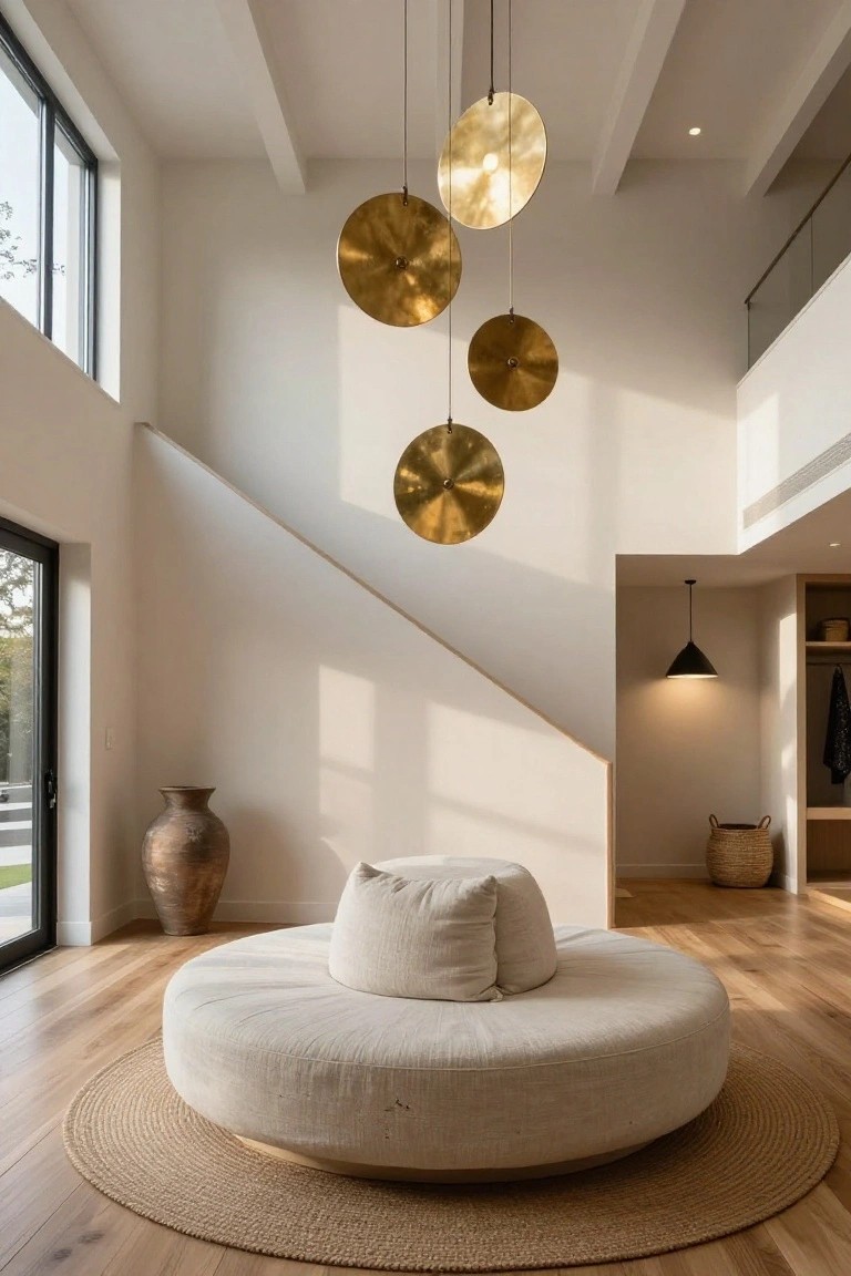 Modern interior space with high open ceiling, multiple hanging gold-toned disc pendants, white round pouf on seagrass rug, terracotta vase nearby, staircase, and large windows.