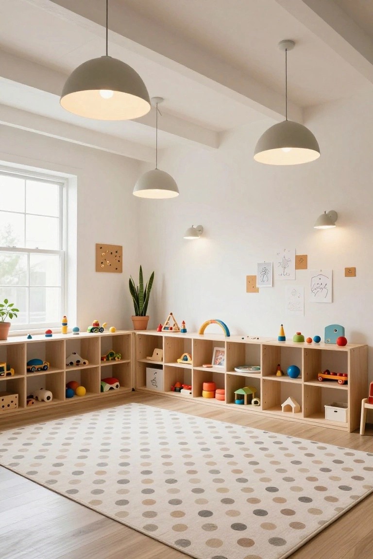 A bright children's playroom with wooden shelves full of colorful toys, a large polka-dot area rug, potted plants, wall art, and several white dome pendant lights hanging from exposed wooden ceiling beams.