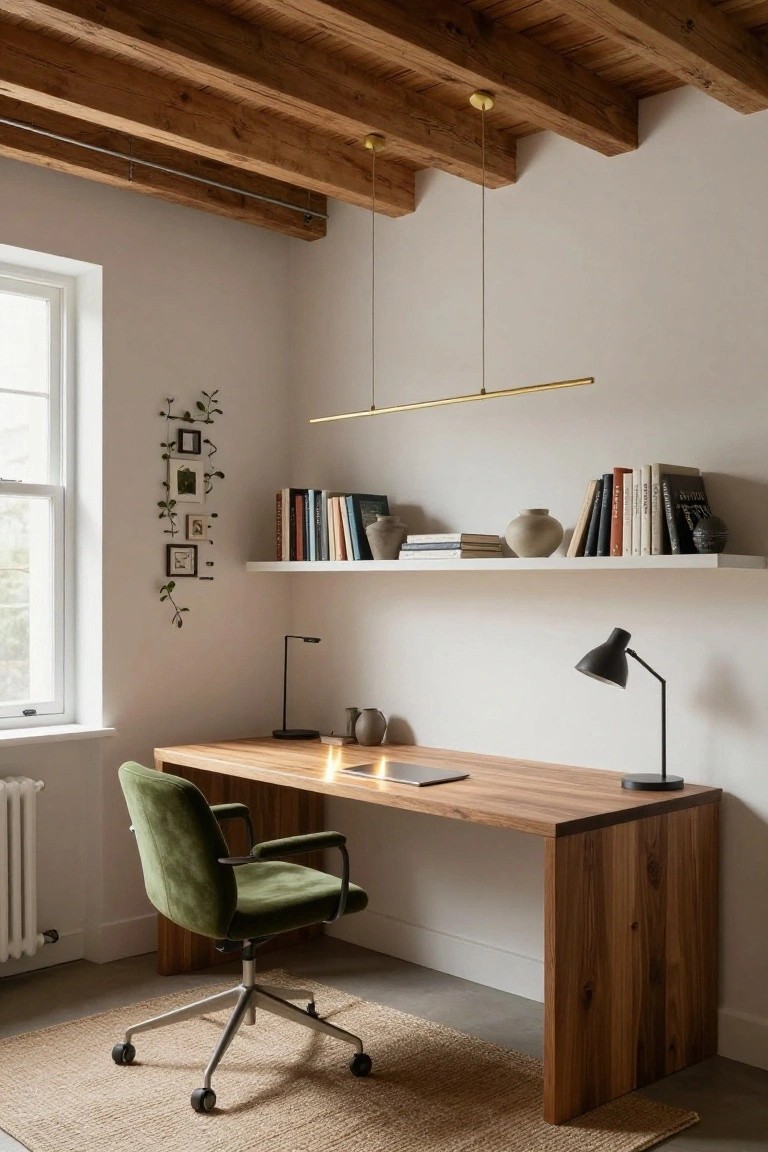 Home office interior featuring exposed wooden ceiling beams with a hanging gold pendant light and a linear LED bar, wooden desk with green velvet chair, bookshelves, desk lamp, plants, and window in a white-walled room with beige rug.