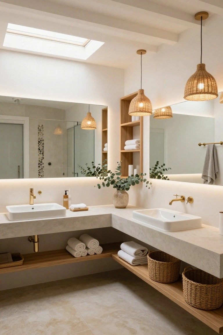 Bright modern bathroom with corner white stone vanity, two sinks, gold faucets, rattan pendant lights from wooden ceiling beams, large backlit mirror, skylight, wooden shelves, towels, and eucalyptus branches.