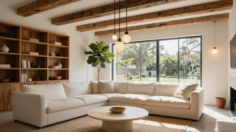 Modern living room featuring exposed dark wooden ceiling beams with two white globe pendant lights hanging above white sofas, a round travertine coffee table, a large potted fiddle leaf fig plant, beige seagrass rug, and a large window with black frames on a white wall and concrete floor.