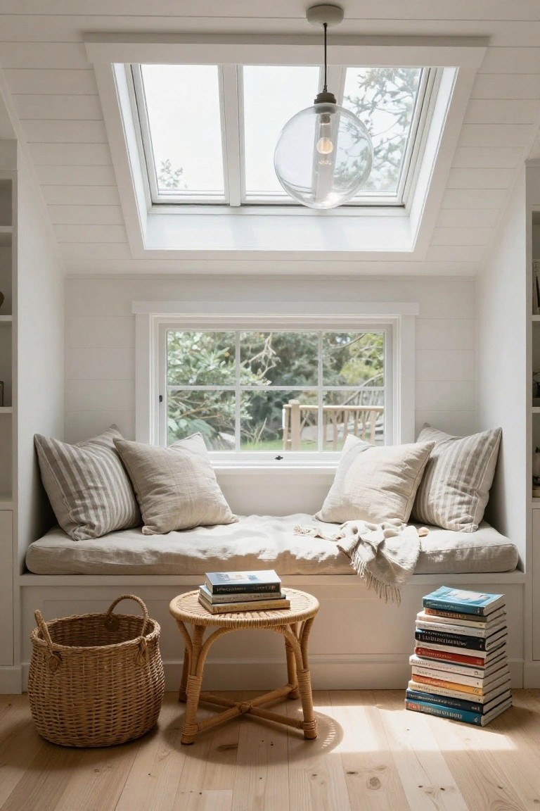 White shiplap-walled attic nook with built-in window bench piled with beige cushions and a throw blanket, books on a low table and stack nearby, large clear glass globe pendant light hanging below a skylight, wooden floors and basket in corner.