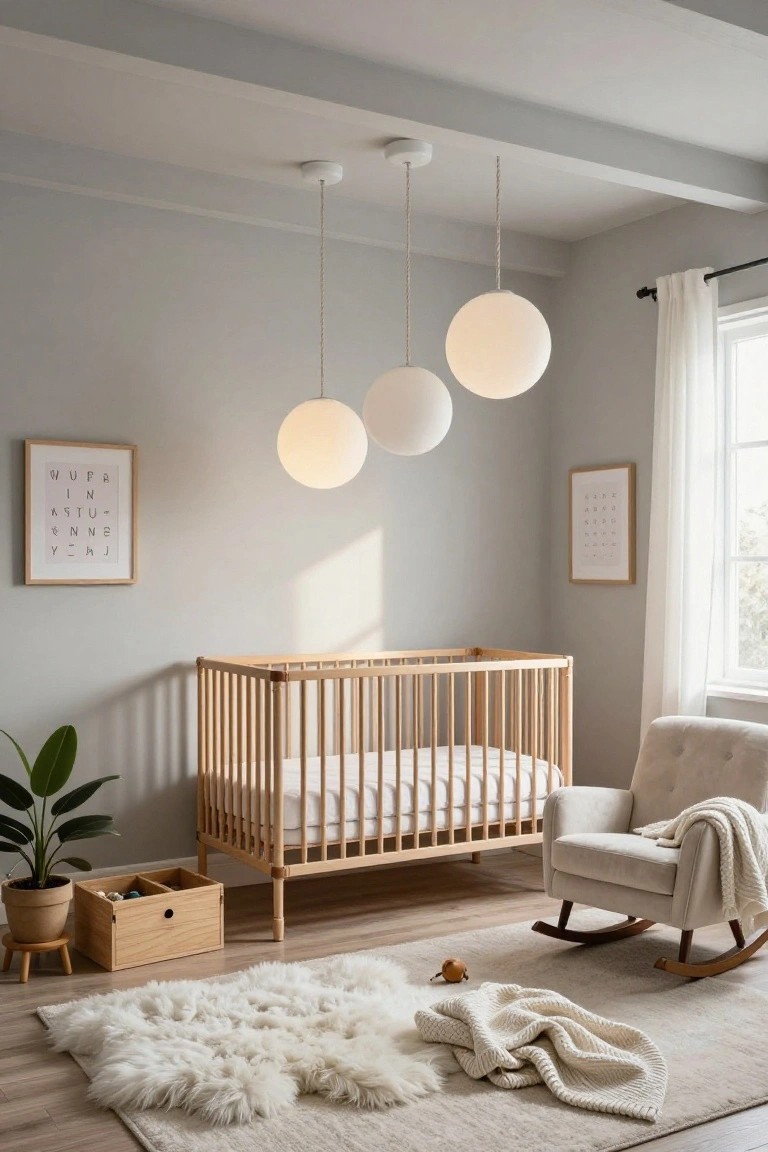 A light gray nursery room with a wooden crib, cream upholstered rocking chair with blanket, white shag rug, wooden toy box, potted green plant, framed alphabet art on walls, and three white spherical pendant lights hanging from the ceiling at varying heights near a curtained window.