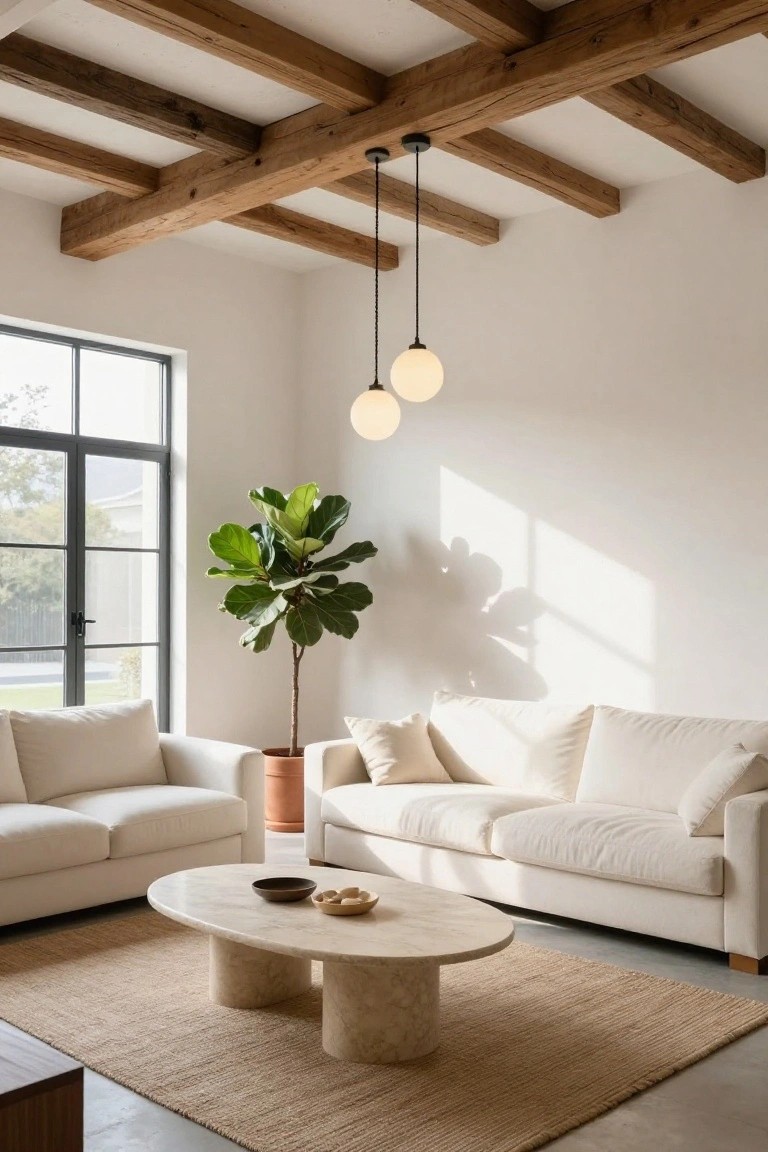 Modern living room featuring exposed dark wooden ceiling beams with two white globe pendant lights hanging above white sofas, a round travertine coffee table, a large potted fiddle leaf fig plant, beige seagrass rug, and a large window with black frames on a white wall and concrete floor.