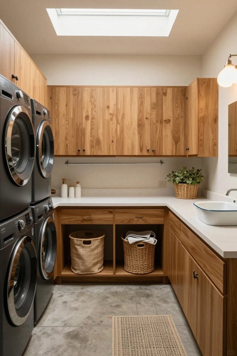 Modern laundry room with black stacked washer-dryer, wooden cabinets and open shelving, white countertop sink, potted plants, and a skylight in the ceiling over beige tiled floor.