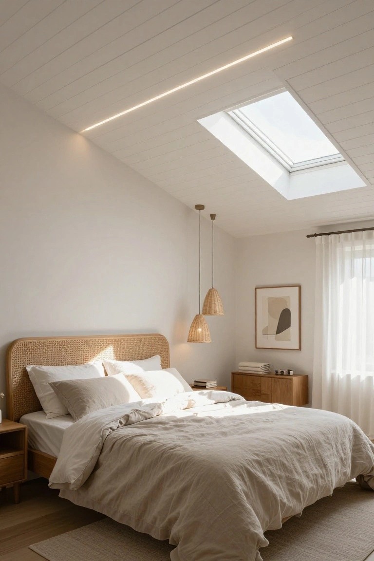 Bedroom interior with white sloped ceiling featuring recessed LED strip lighting along the edge, a skylight, two rattan pendant lights, rattan headboard on a bed with white and beige linens, wooden nightstand and dresser, abstract wall art, sheer window curtains, and hardwood floor with rug.
