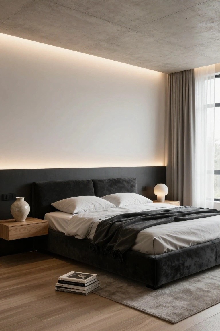 Modern bedroom with exposed concrete ceiling lit by thin LED strips along upper wall edges, black velvet bed frame with white sheets and gray throw, floating wooden nightstand holding a white vase and lamp, sheer curtains on large window, and gray rug on wood floor.