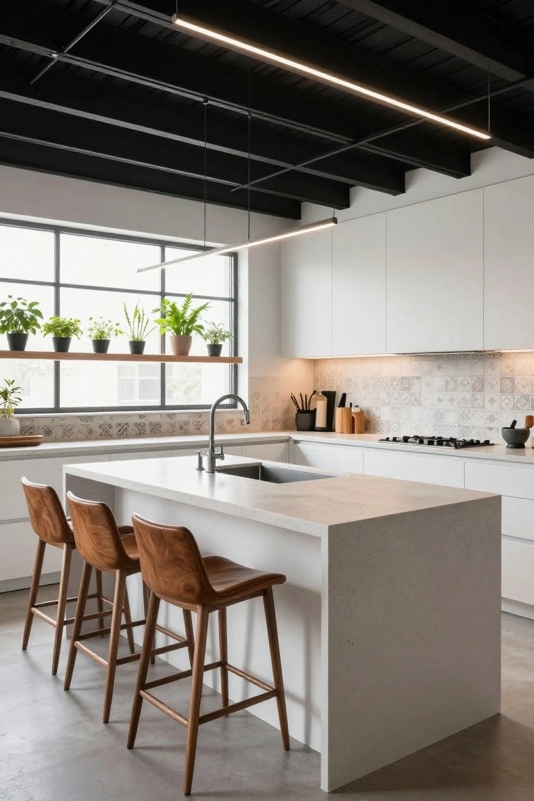 Modern white kitchen with central island, four brown leather bar stools, plants on window shelf, tiled backsplash, and two long linear pendant lights suspended from black exposed ceiling beams.