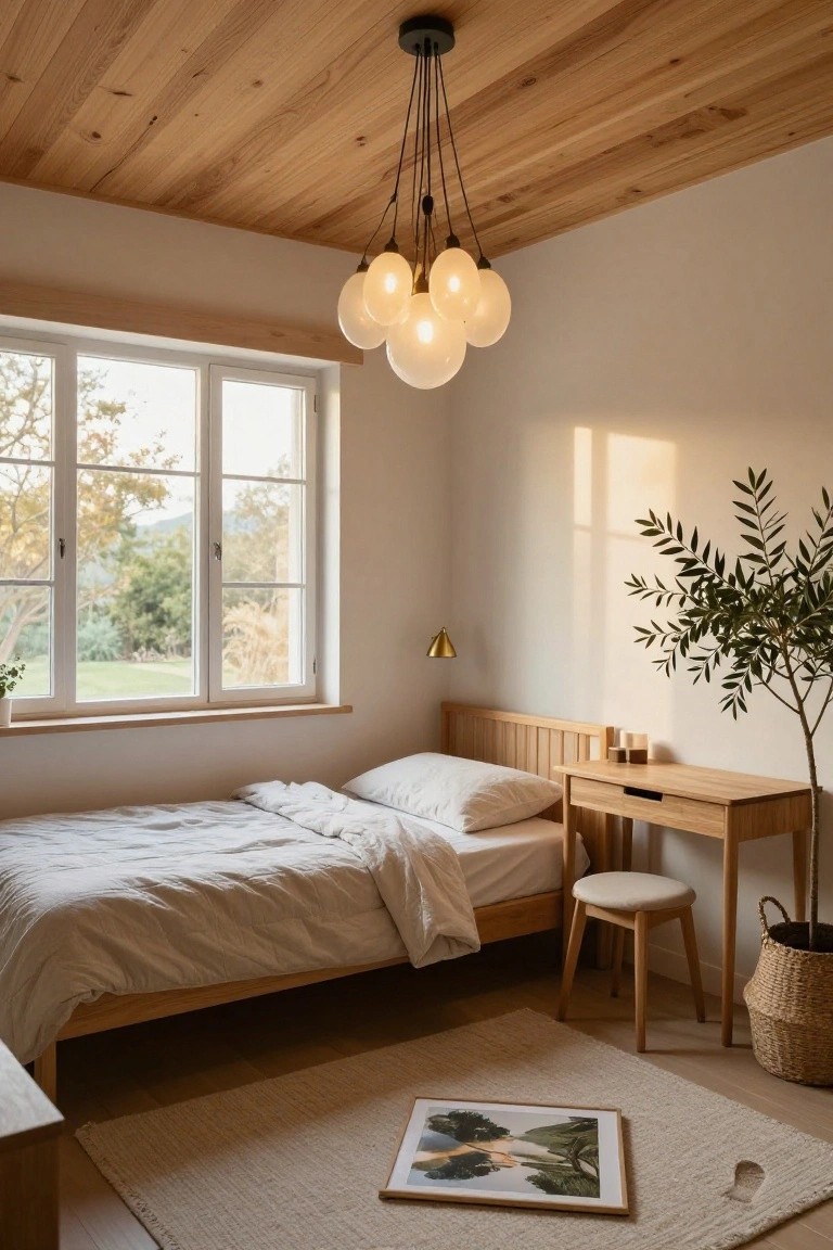Bedroom interior featuring a wooden beamed ceiling with a black multi-arm pendant light holding seven white globe bulbs, a low wooden bed with white linens, a wooden desk and stool, large triple window with outdoor view, olive tree in basket, and neutral rug on wood floor.
