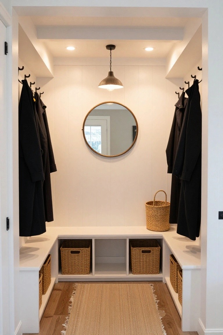 Modern white mudroom with coats, baskets, bench, and round mirror.