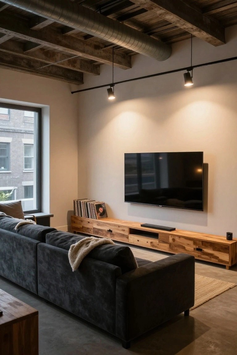 Modern living room with exposed wooden ceiling beams and silver ductwork, black track lighting with two spotlights, mounted TV above wooden media console with vinyl records, gray L-shaped sofa with throw blanket, small side table, and large window with view of brick buildings.