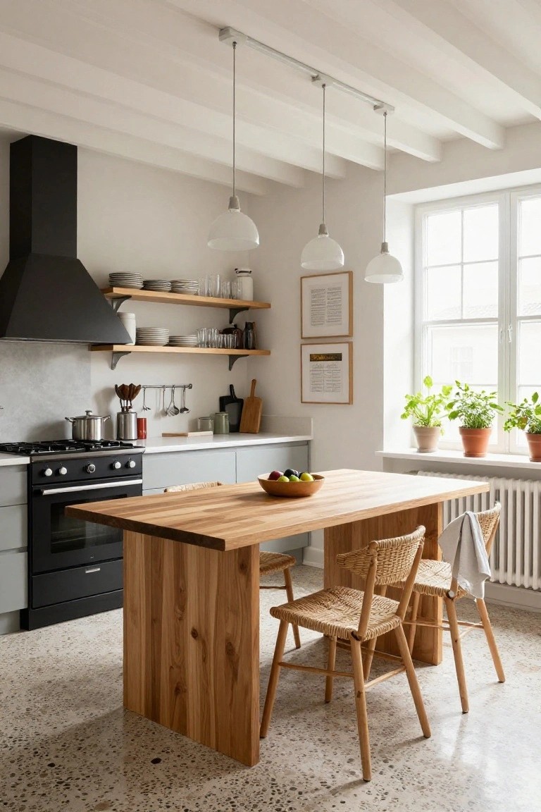 Modern kitchen with exposed white ceiling beams, three white globe pendant lights hanging over a light oak wood dining table with woven chairs, gray lower cabinets, black range cooker, shelves with dishes, and potted herbs by the window.