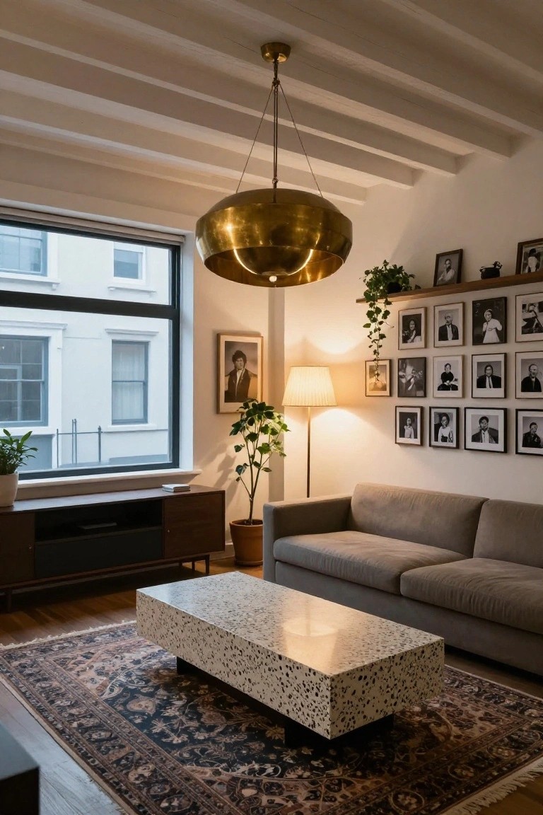 Modern living room featuring exposed wooden ceiling beams, a large brass bowl pendant light hanging above a gray sofa and white terrazzo coffee table on a patterned rug, with plants, framed photos on walls, and large windows.