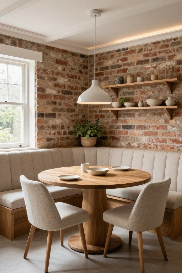 Corner dining nook with beige tufted booth seating around a round wooden table set with white plates and bowls, large white pendant light overhead, exposed brick walls with wooden shelves holding pottery and plants, and a window with natural light.