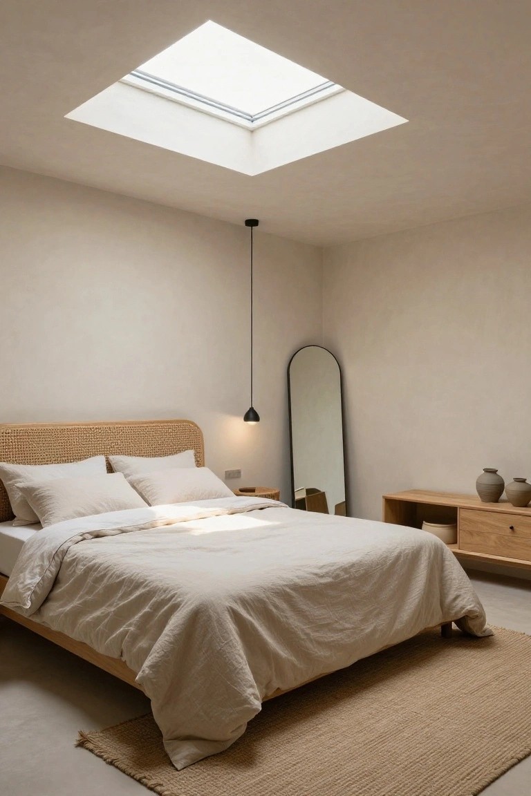 A modern bedroom with a large square skylight in the ceiling above a bed with rattan headboard and white linens, black arched mirror, pendant light, wooden nightstand with pottery, and seagrass rug on beige walls and floor.