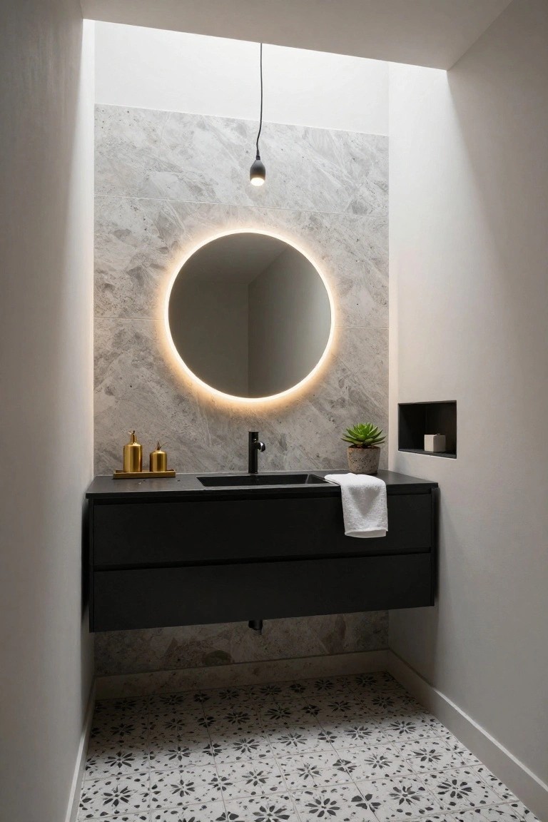 Narrow modern bathroom with skylight ceiling, hanging black pendant light, gray marble accent wall, round backlit mirror, black floating vanity, gold accessories, potted succulent, niche shelf, and white patterned tile floor.
