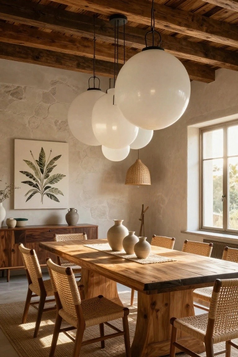 Dining room featuring exposed wooden beam ceiling with multiple large white globe pendant lights hanging over a long wooden table surrounded by rattan chairs, beige textured walls, pottery on a sideboard, and a window with natural light.