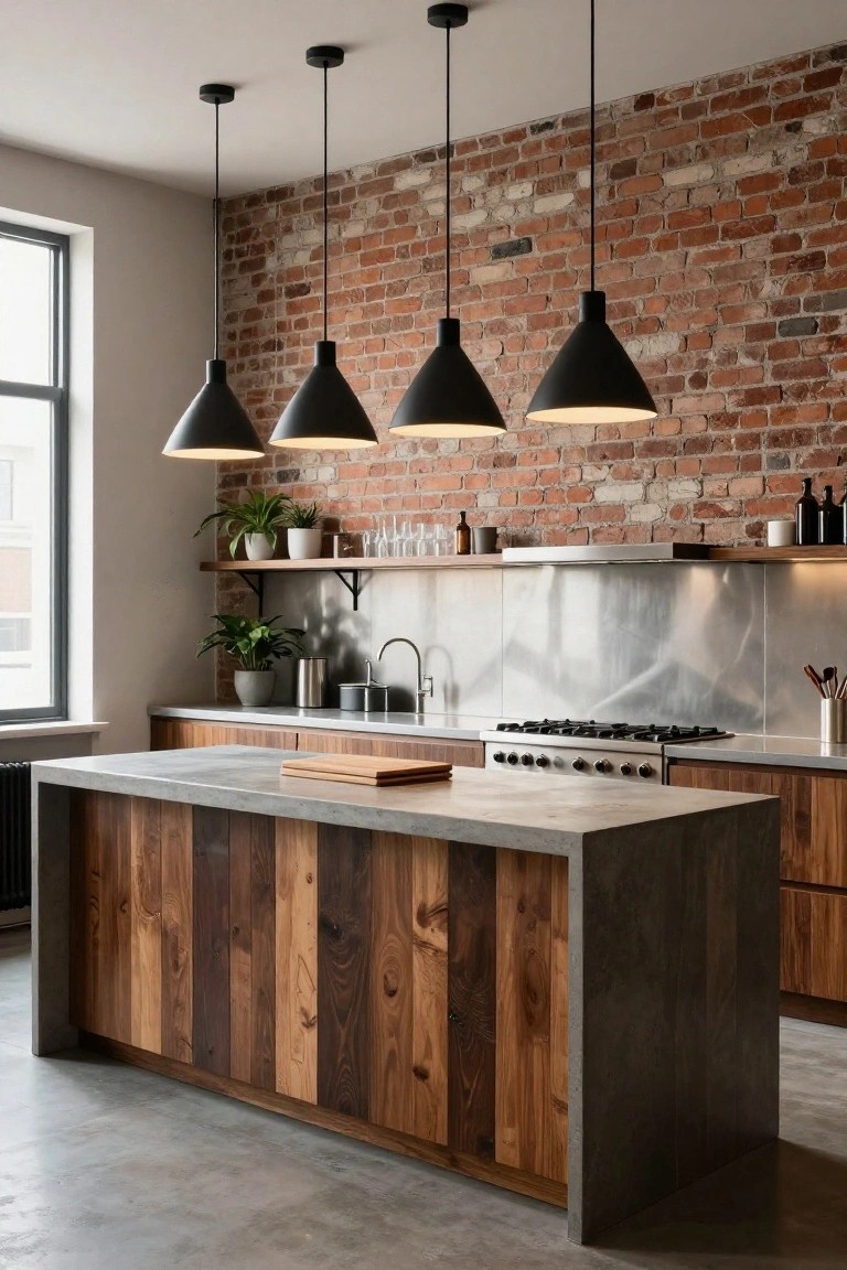 Modern kitchen with exposed brick wall, stainless steel backsplash, wood and concrete island, gas range, and four black cone-shaped pendant lights hanging above the island.