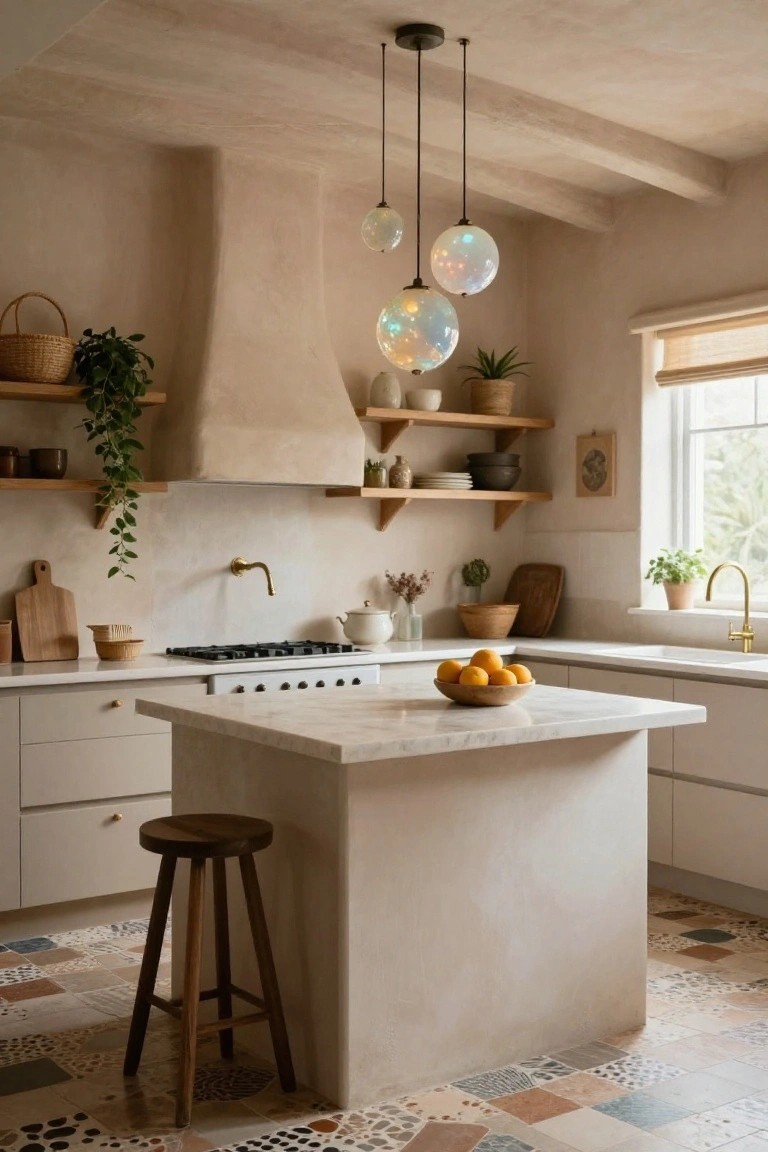 Kitchen interior featuring a vaulted ceiling with wooden beams, three hanging iridescent glass orb pendants above a white marble island with wooden stool, neutral cabinetry, plants on open shelves, gas range, and colorful terracotta tile floor.