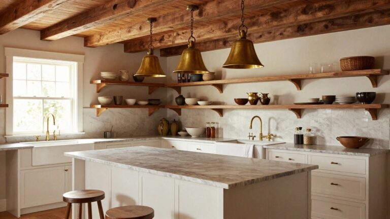 White kitchen with exposed wooden ceiling beams, two large brass bell pendant lights hanging on chains over a marble-topped island, open wood shelves holding pottery, farmhouse sink, and window with natural light.
