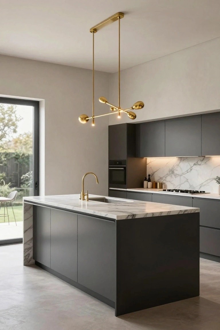 Modern kitchen interior with matte dark gray cabinets, white marble island and backsplash, curved gold faucet, integrated cooktop, and a large gold multi-arm pendant light with bulbs suspended over the island, next to a glass door opening to a garden.