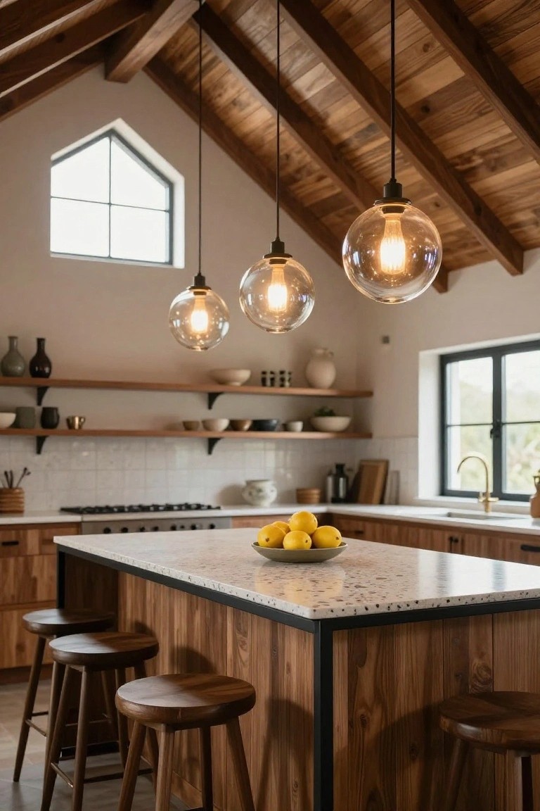 Kitchen interior with vaulted wooden beam ceiling, three glass globe pendant lights hanging over a wooden island with white terrazzo top, white cabinets, open wood shelves, and large windows.