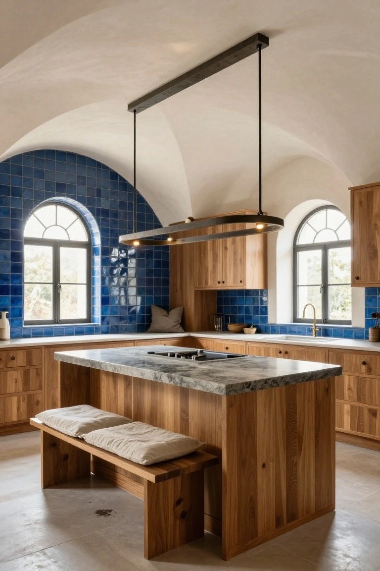 Kitchen with white vaulted ceiling and arched blue tiled wall with window, oak cabinets, gray countertop island with wood bench seating, lit by black linear pendant light.
