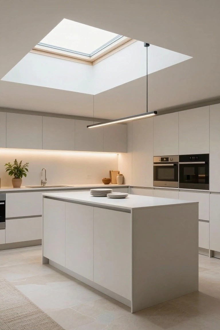 Modern white kitchen with vaulted ceiling skylight, long linear LED pendant light over central island, under-cabinet glow, double wall ovens, and potted plants on counters.