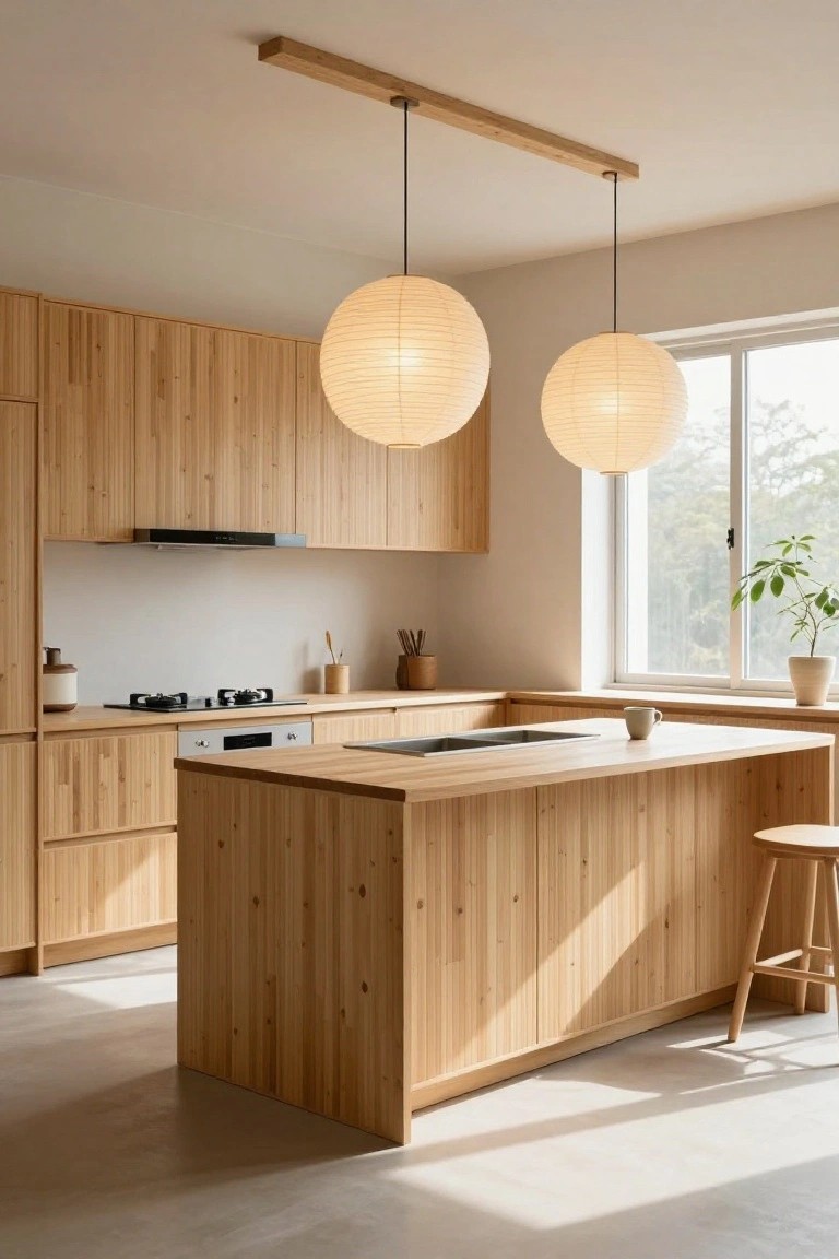 Light wood kitchen with vertical grain cabinets, white walls, central island featuring sink and cooktop, two hanging white paper lantern pendants from wooden beam, and large window with plant.