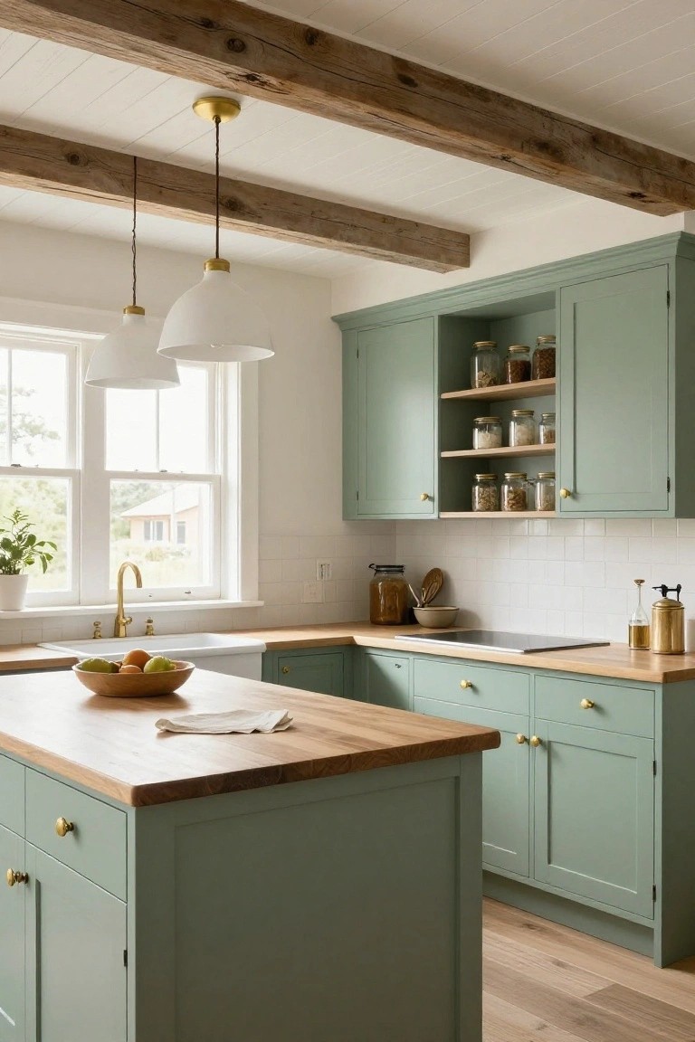 Kitchen interior with sage green shaker-style cabinets, butcher block countertops and island, exposed wooden ceiling beams, two white pendant lights with gold accents hanging above, farmhouse sink, and window with greenery outside.