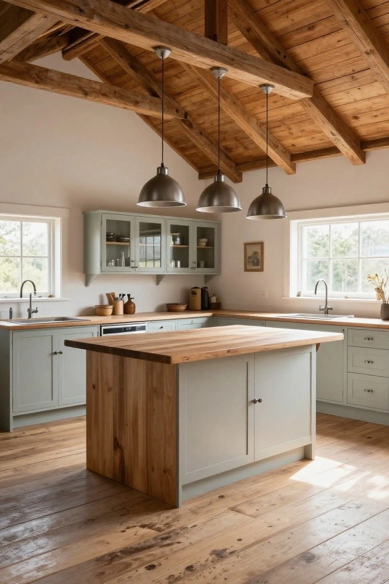 Kitchen with vaulted wooden beam ceiling, three metallic pendant lights hanging over wooden island, sage green cabinets, wooden countertops, sinks, and hardwood floors.