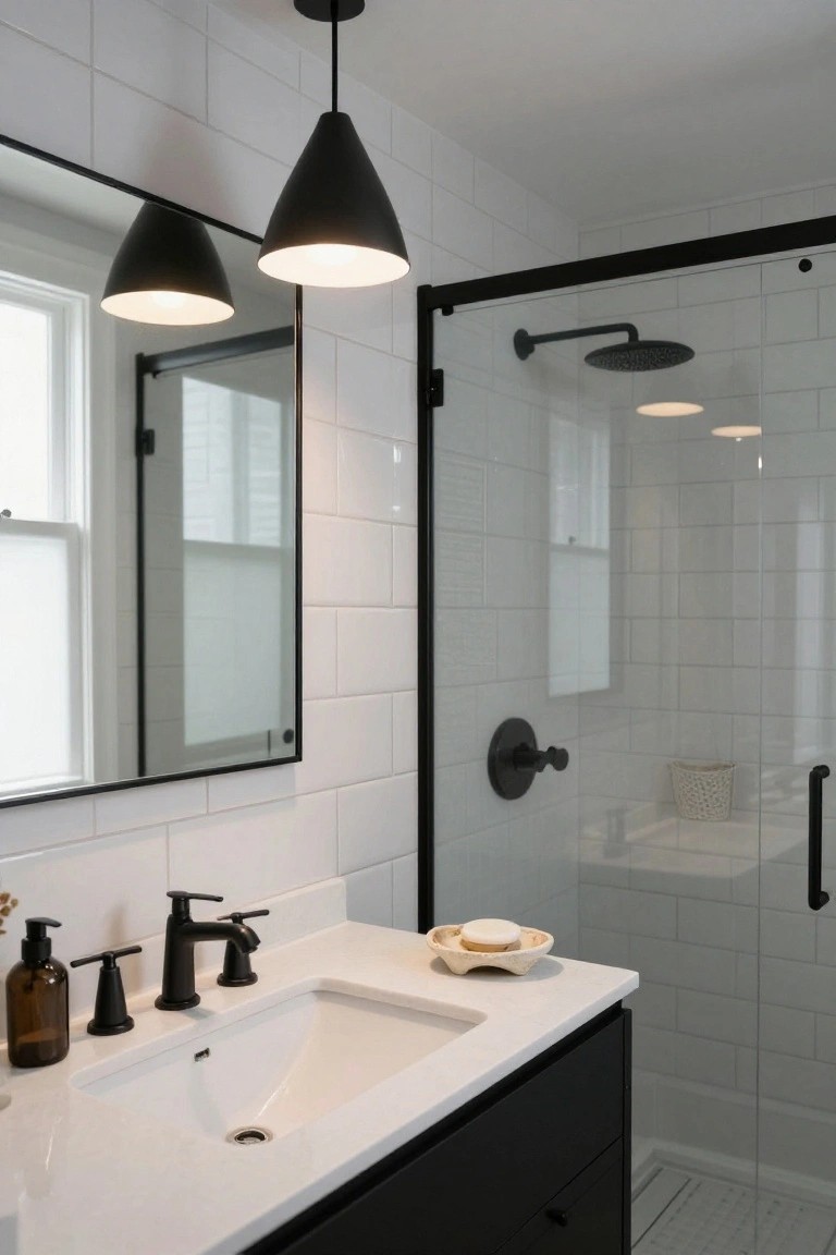 Modern bathroom featuring white subway tile walls, a white quartz vanity with black faucet and soap dispenser, black cabinets, a glass shower enclosure with black frame and rain showerhead, and two black conical pendant lights hanging above the vanity.
