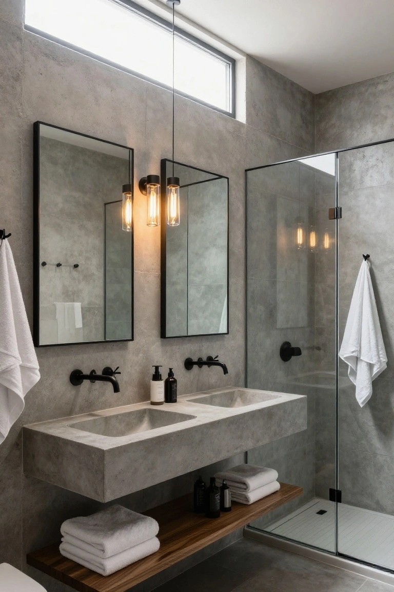 Modern bathroom with gray concrete walls and floating double concrete sink, black-framed mirrors, black wall-mounted pendant lights with Edison bulbs, glass shower enclosure, white towels, and wooden shelf.