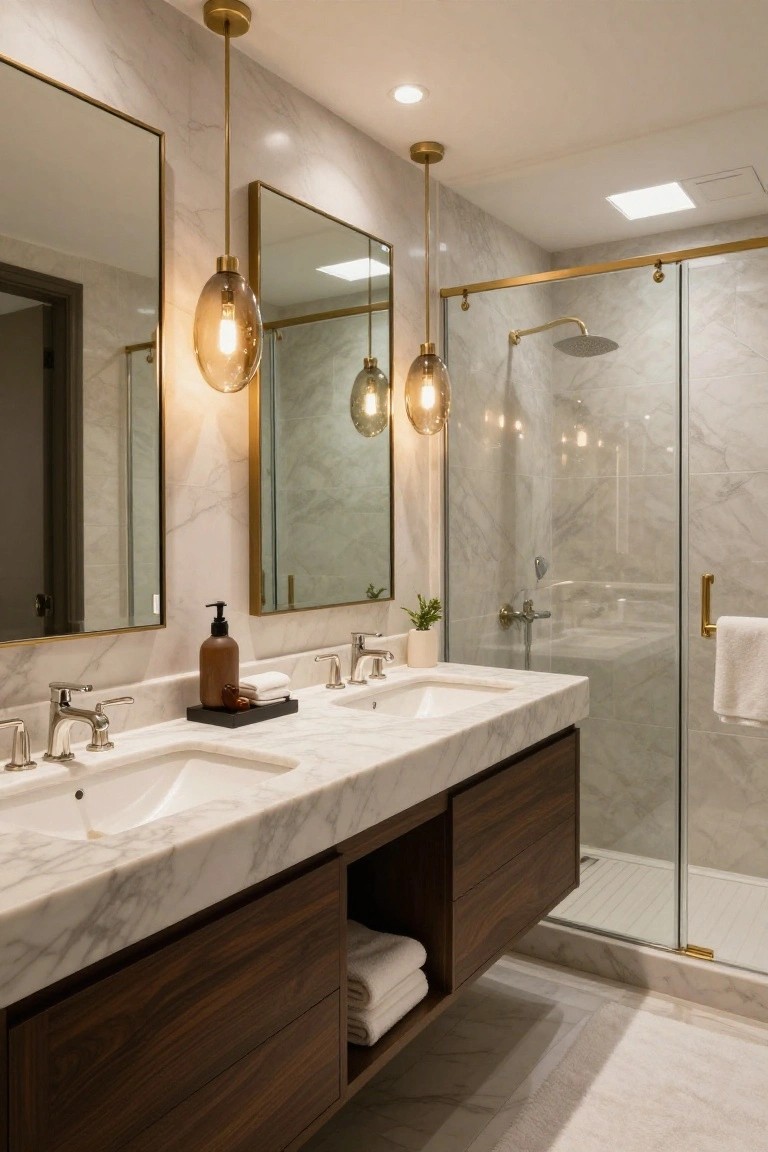 Modern bathroom featuring white marble walls and countertops, walnut wood vanity with double sinks, gold-framed glass shower enclosure, and three brass globe pendant lights hanging above the vanity.