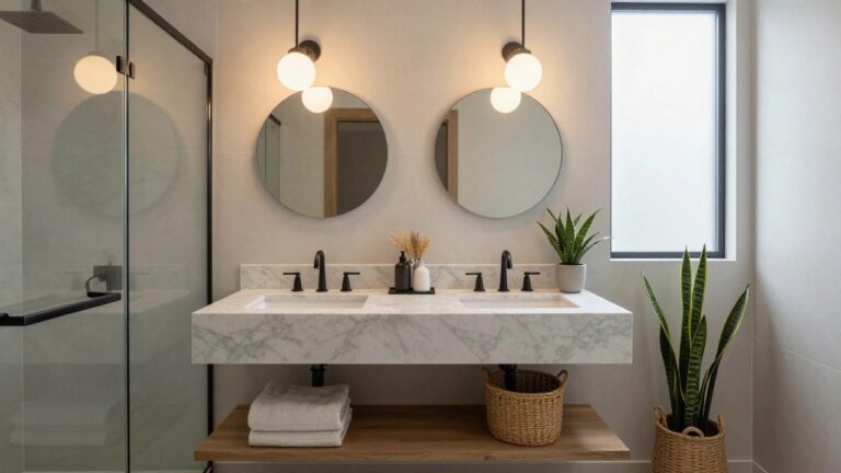 21 Sleek Modern Bathroom Pendant Lighting Ideas To Refresh Your Space Modern bathroom with floating wooden vanity, white marble countertop, double undermount sinks, black faucets, large round black-framed mirror, two white globe pendant lights, potted snake plant, towel rack, woven basket, and glass shower enclosure.