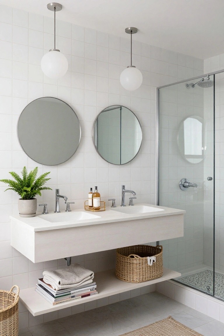 Modern white bathroom with two suspended white globe pendant lights over a floating double vanity, two round mirrors, a potted fern, soap bottles, woven baskets, towels, and a glass shower enclosure with pebble floor.