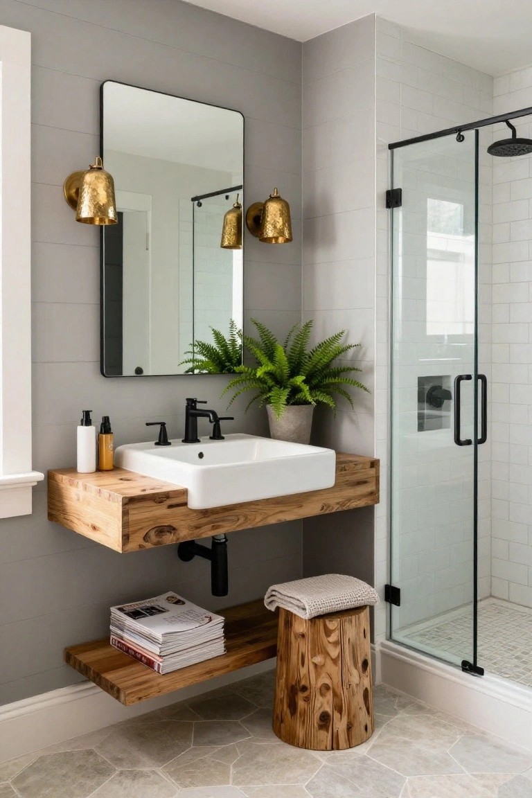 A modern bathroom with light gray shiplap walls, a floating raw wood vanity holding a white sink and black faucet, two hammered gold brass sconces flanking a black-framed rectangular mirror, a potted fern, stacked magazines on a shelf below, a wooden stool with towel, and a black-framed glass shower enclosure on hexagonal tile floor.