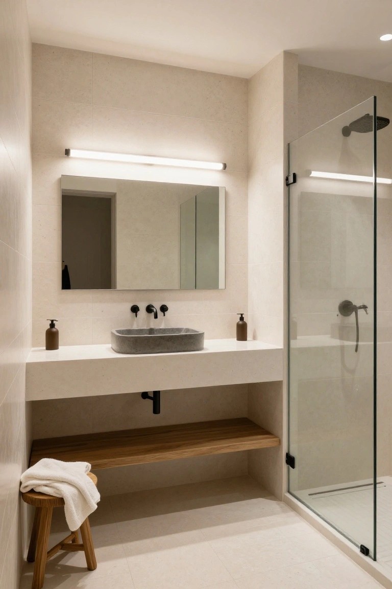 Modern bathroom featuring beige textured tile walls, a black matte concrete vessel sink on a white vanity with black faucets, brown glass soap dispensers, a wood bench and stool with a white towel, a glass shower enclosure with black rain showerhead and linear LED light bars above the mirror and inside the shower.
